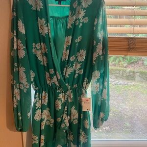 Nordstrom Emerald Green Daisy-Print Long Sleeve Wrap Dress